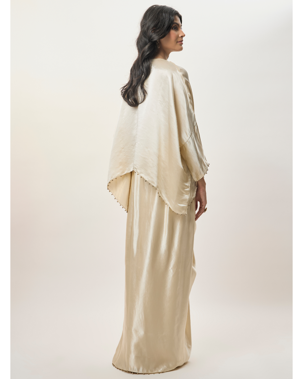 Risa Champagne Modal Satin Embroidered Yoke Top And Lungi Skirt