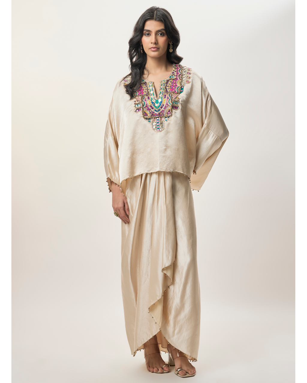Taraz Champagne Modal Satin Embroidered Yoke Top And Lungi Skirt