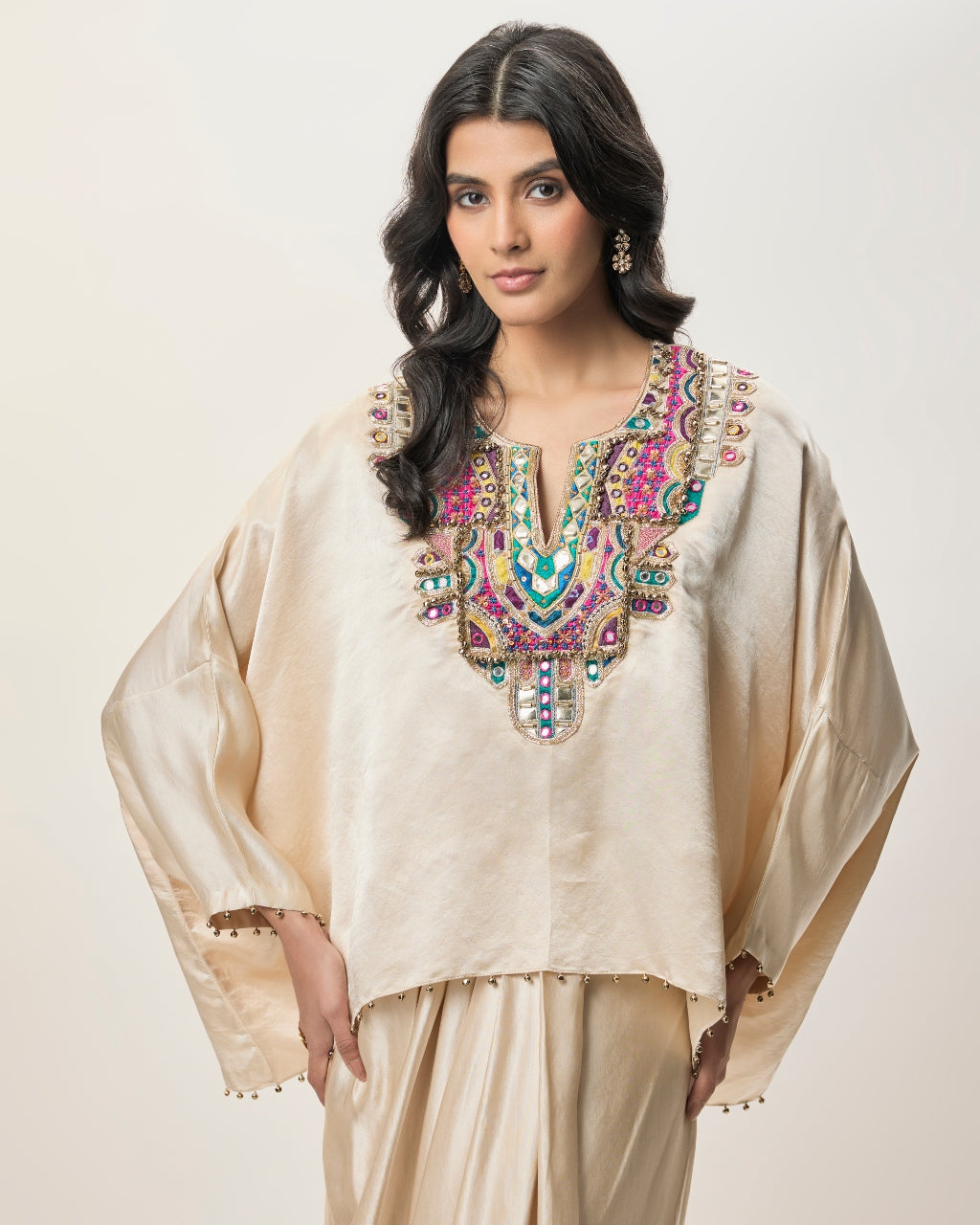 Taraz Champagne Modal Satin Embroidered Yoke Top And Lungi Skirt