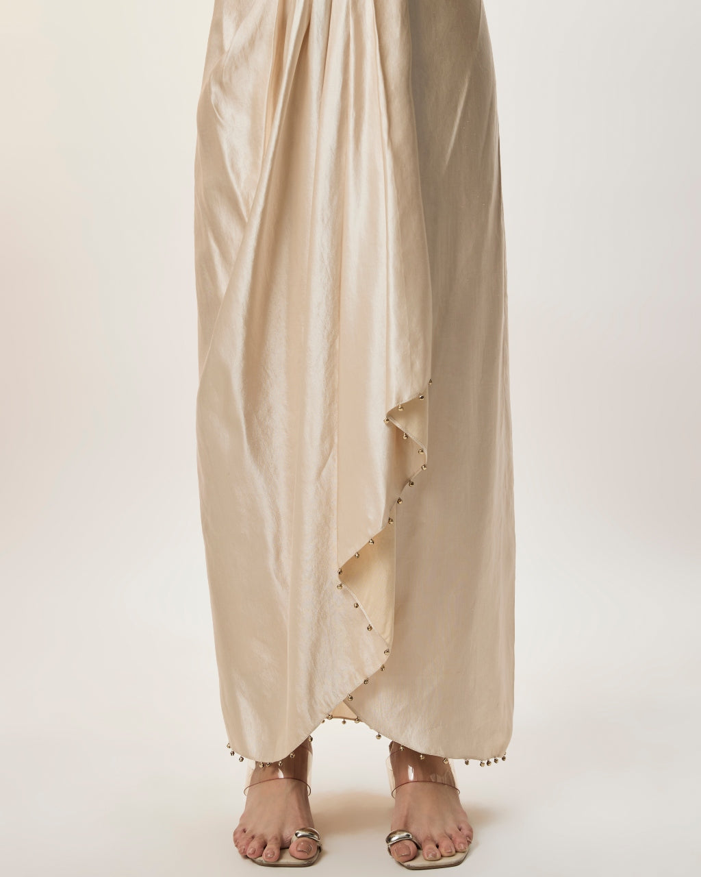 Taraz Champagne Modal Satin Embroidered Yoke Top And Lungi Skirt