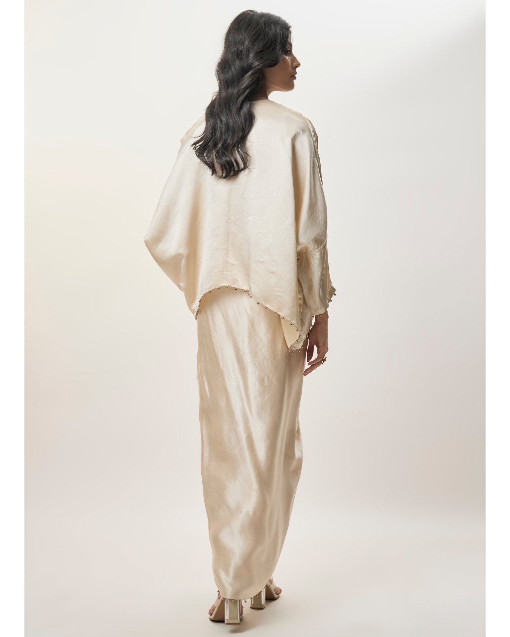 Taraz Champagne Modal Satin Embroidered Yoke Top And Lungi Skirt