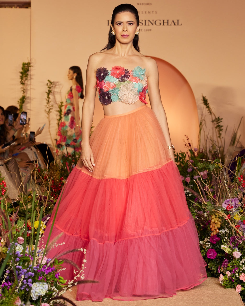 Off White 3D Flower Embroidered Choli With Multi Colour Layered Skirt Set