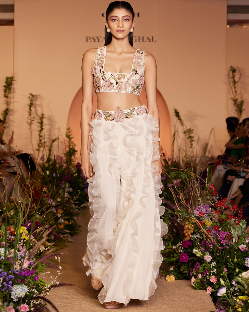 Off White Embroidered Choli And Ruffle Sharara Set