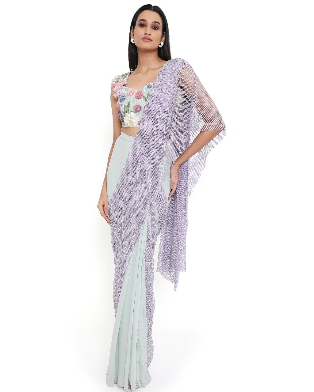 Sea Foam Embroidered Sari Set
