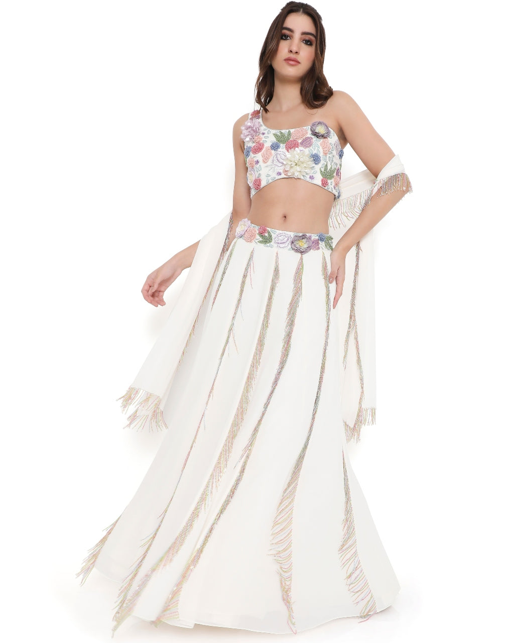 Off White Embroidered Choli And Skirt Set