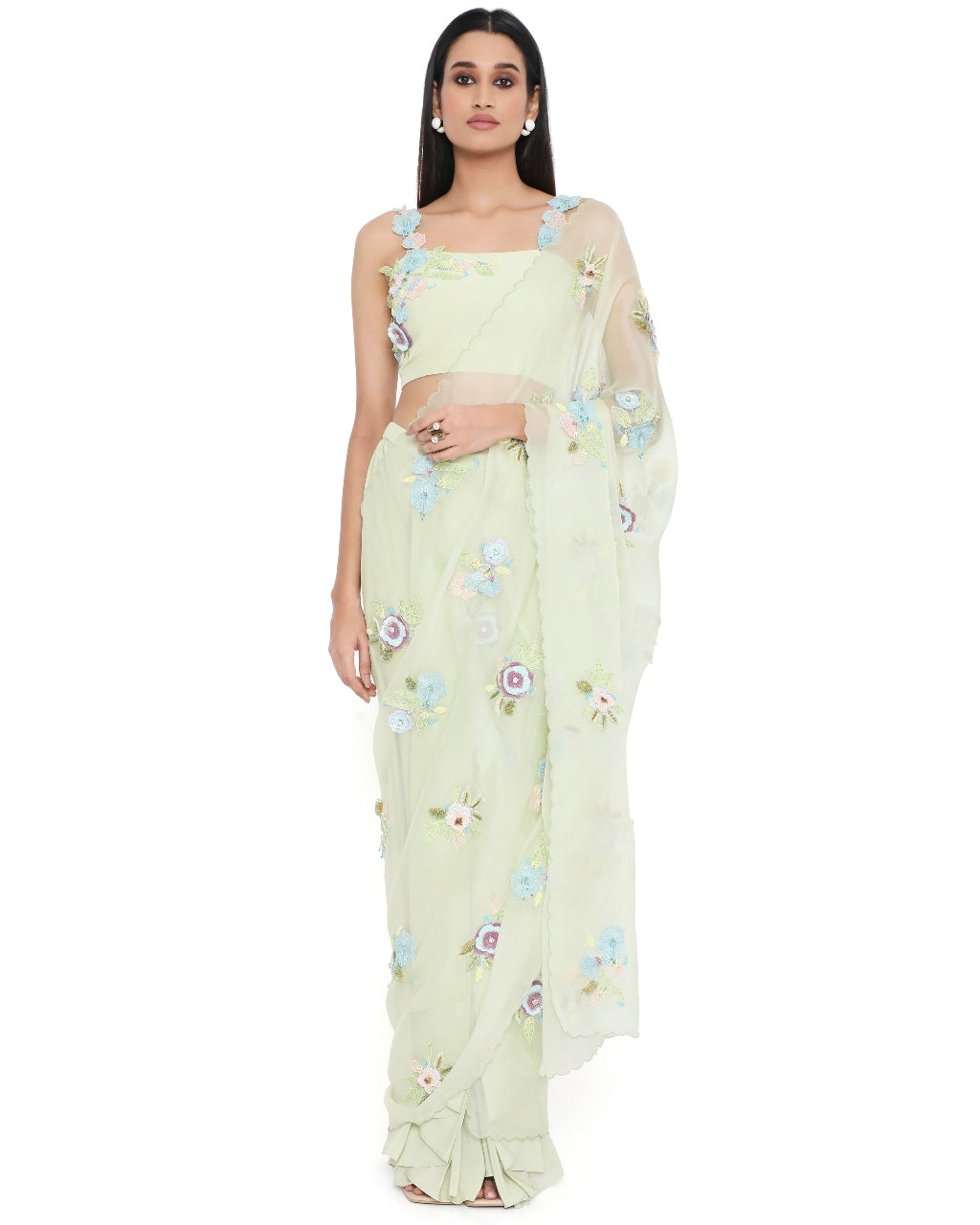 Mint Embroidered Detachable Embroidered Pallu Sari Set