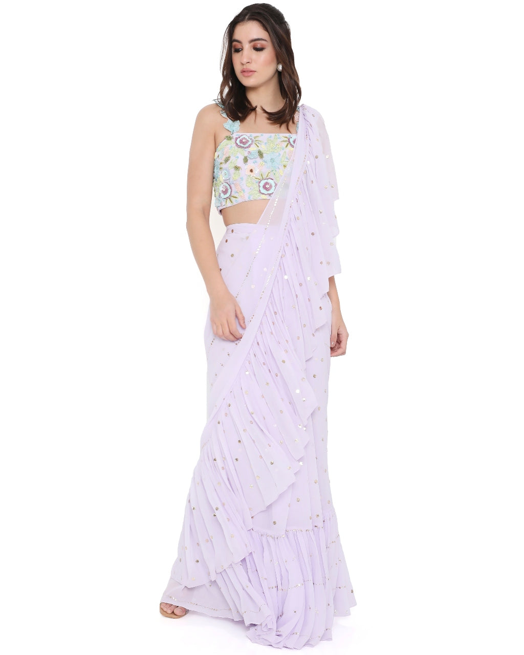 Lavender Embroidered Ruffle Sari Set