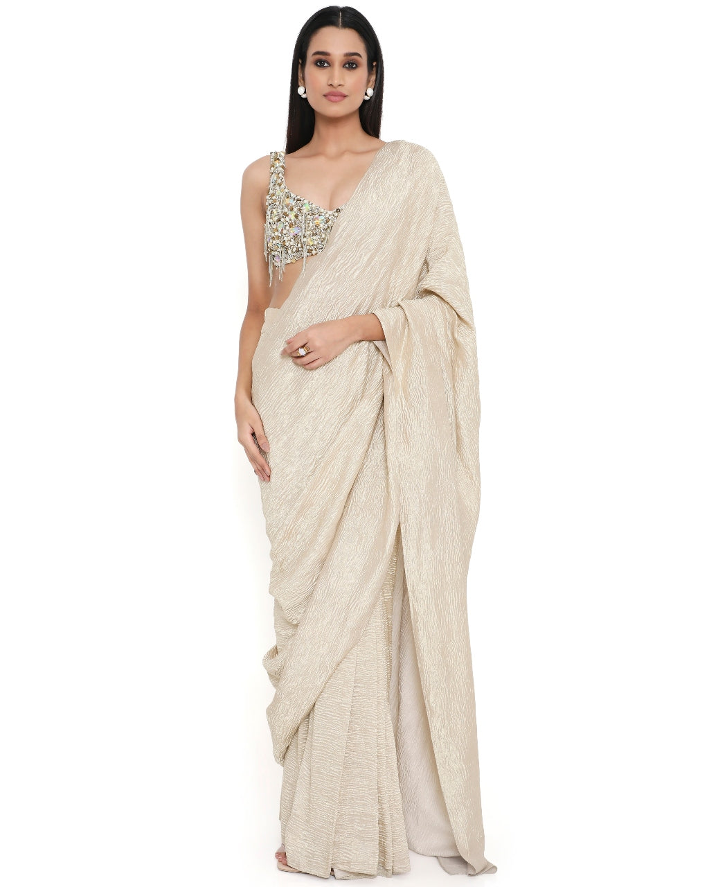 Off White Embroidered Choli With Sari Set