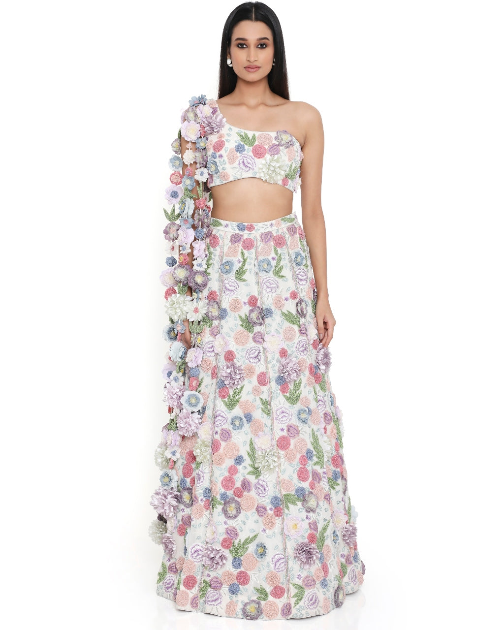 Off White Hanging Flowered Choli With Skirt Set