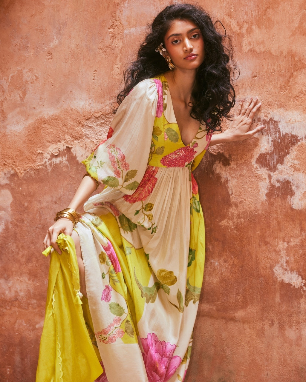 Lime Yellow Floral Flowy Maxi Dress