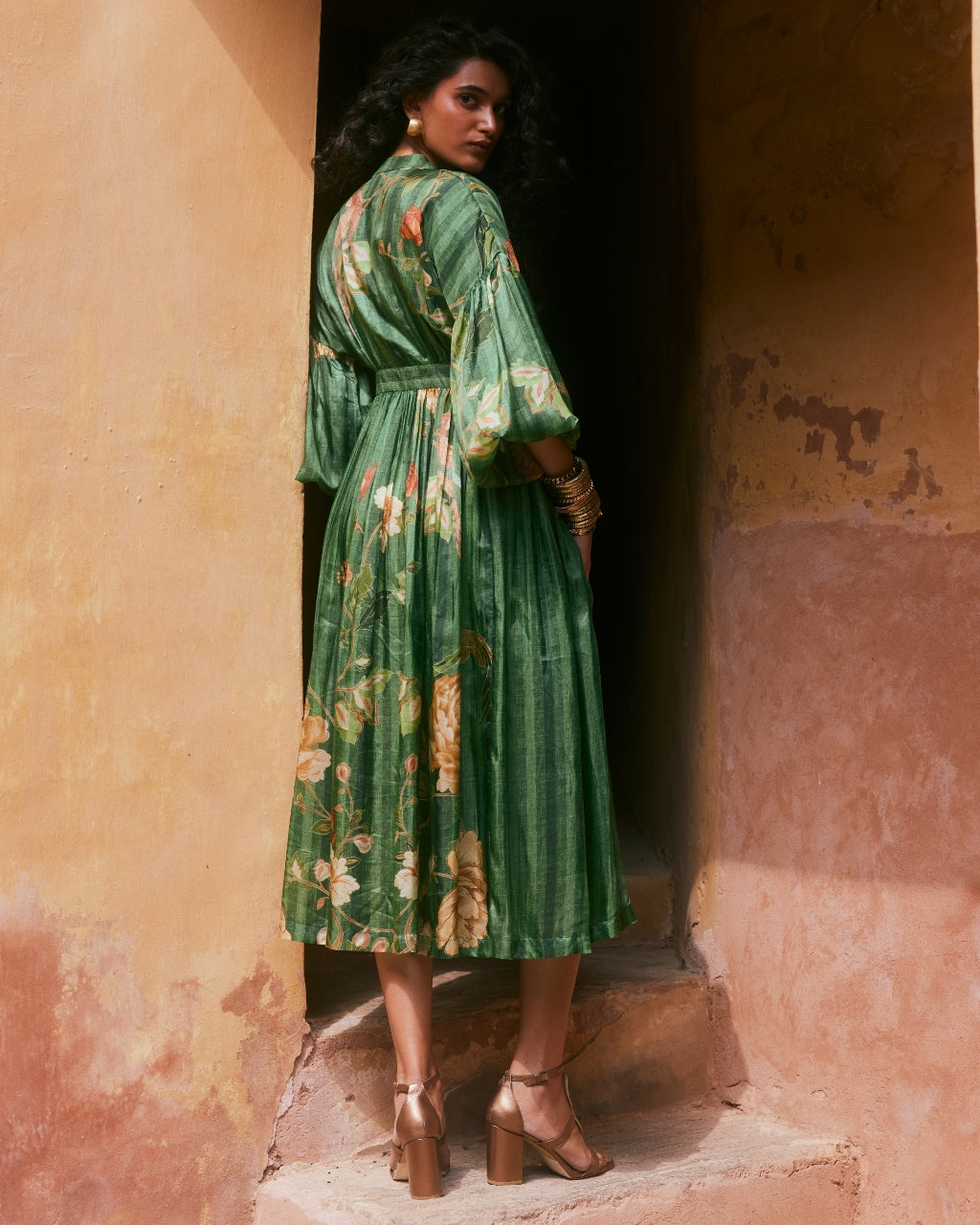 Green Floral Flowy Dress | Paulmi & Harsh XL Green Floral Flowy Dress | Paulmi & Harsh XL