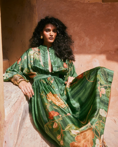 Green Floral Flowy Dress | Paulmi & Harsh KYNAH Green Floral Flowy Dress | Paulmi & Harsh KYNAH