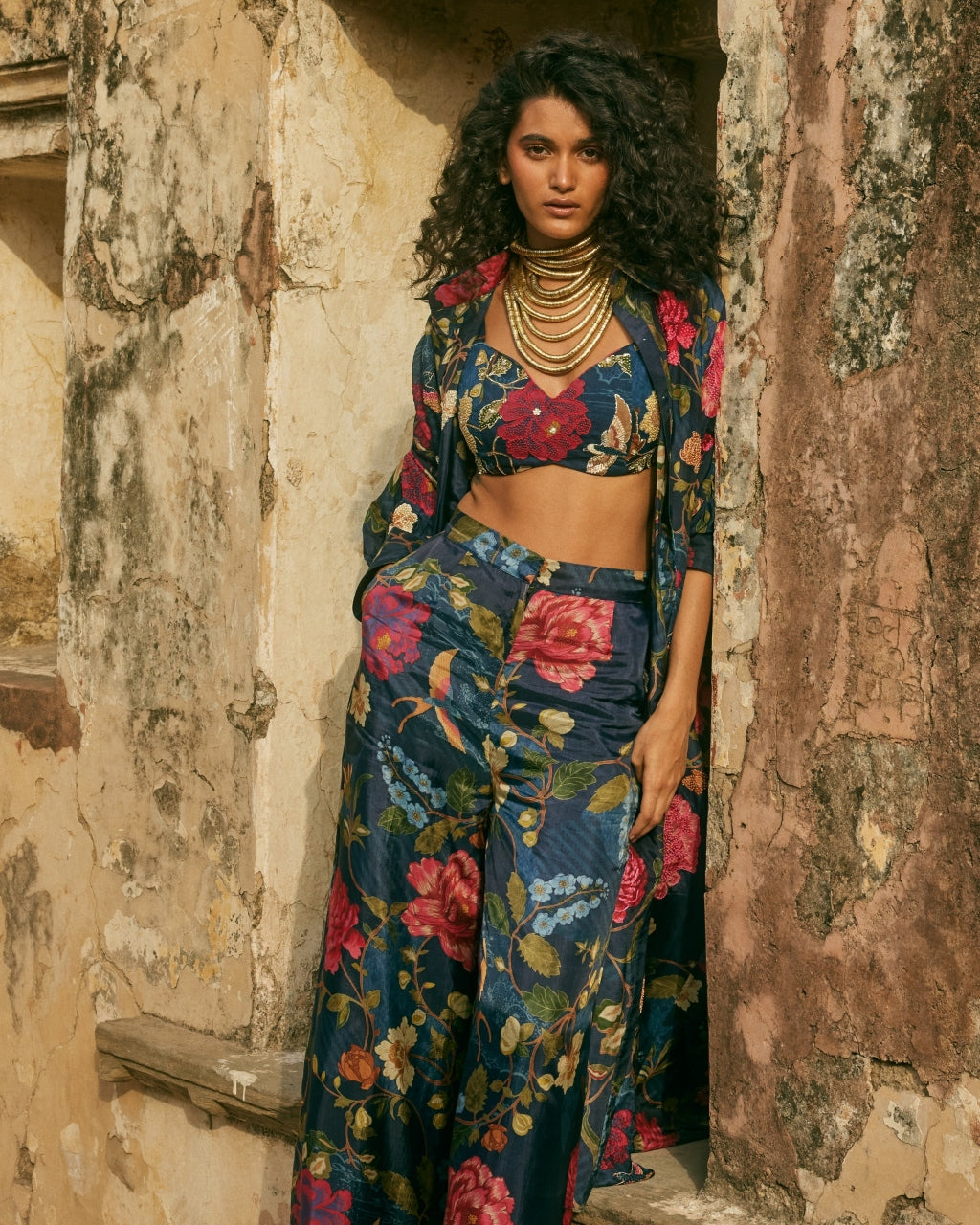 Blue Habutai Floral Co-Ord Pant Set