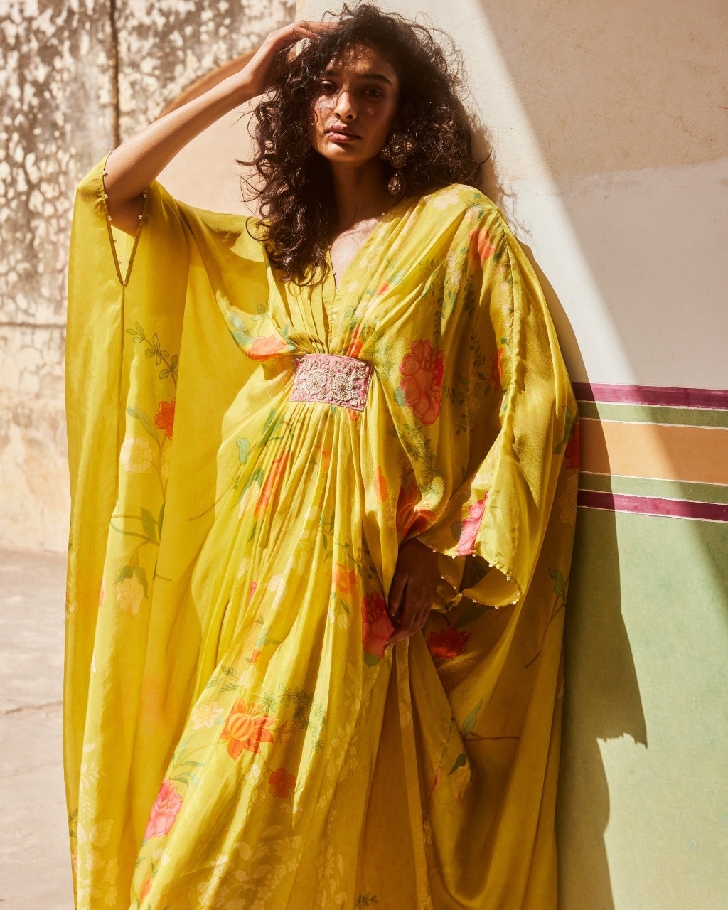 Lime Yellow Floral Habutai Kaftan