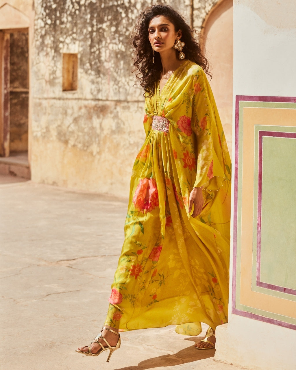 Lime Yellow Floral Habutai Kaftan