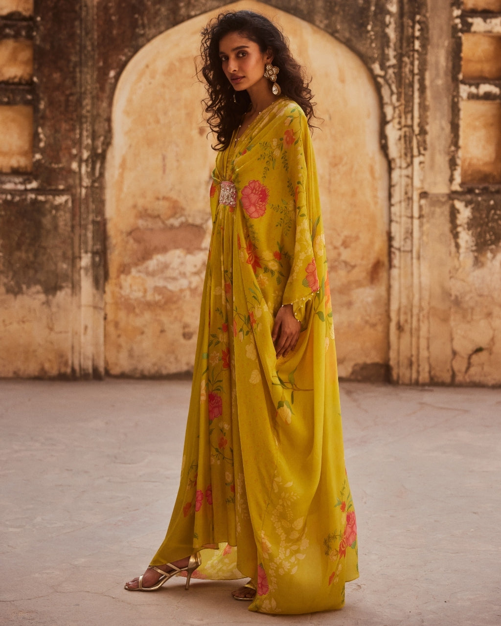 Lime Yellow Floral Habutai Kaftan