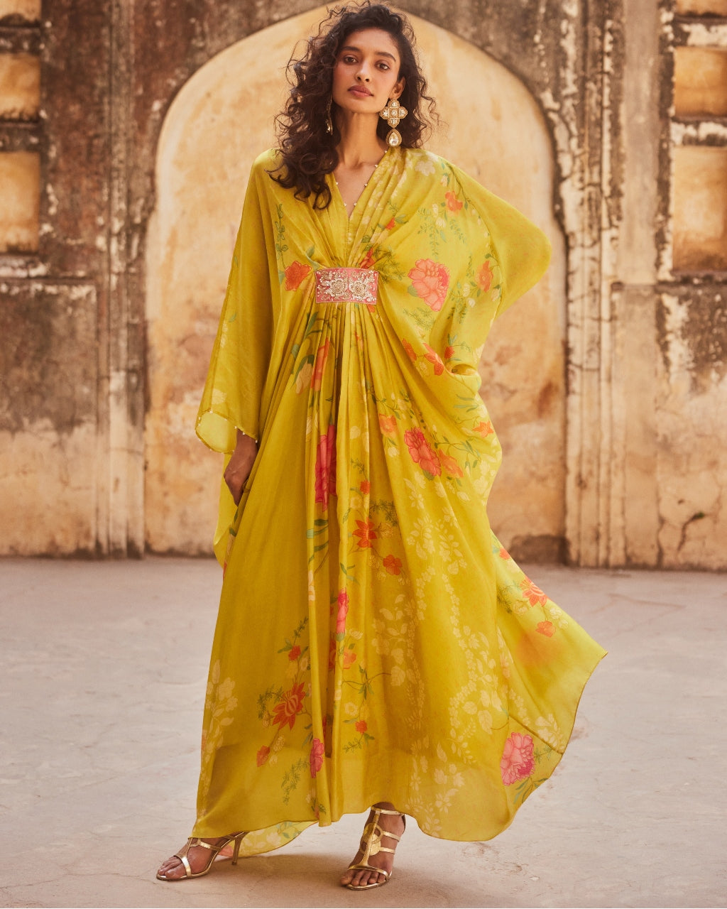 Lime Yellow Floral Habutai Kaftan