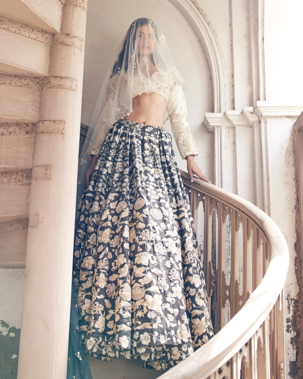 Black Vintage Floral Lehenga Set