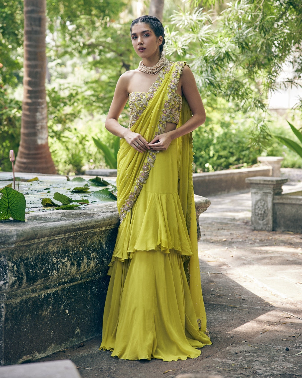 Lime Yellow Hand Embroidered Pre Stitch Sari Set
