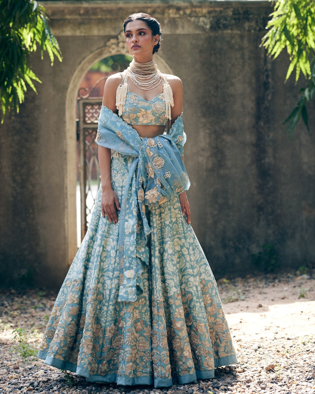 Ice Blue Vintage Floral Printed Lehenga Set