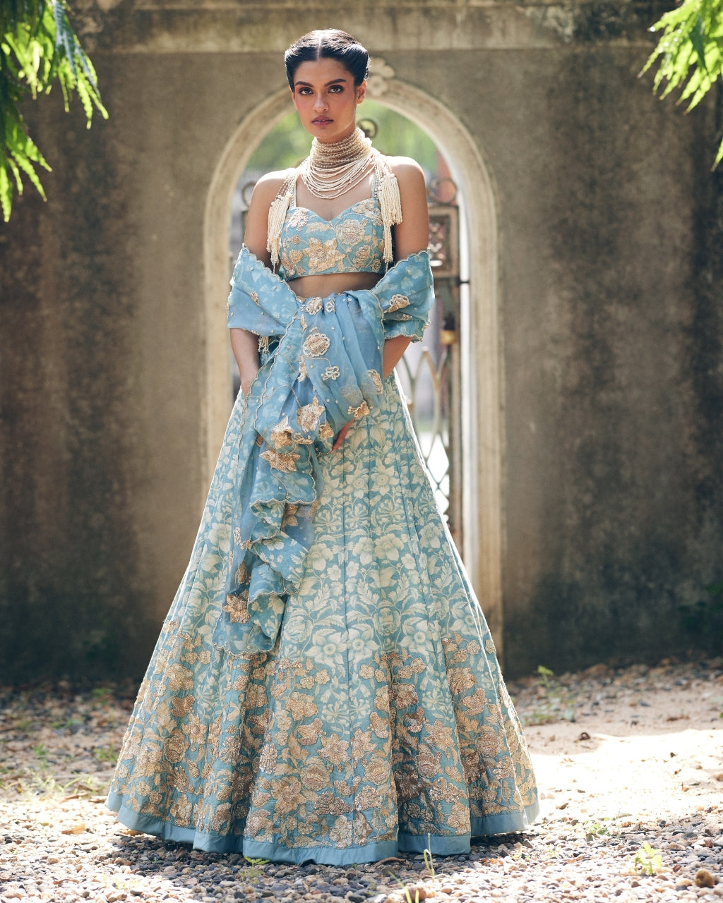 Ice Blue Vintage Floral Printed Lehenga Set