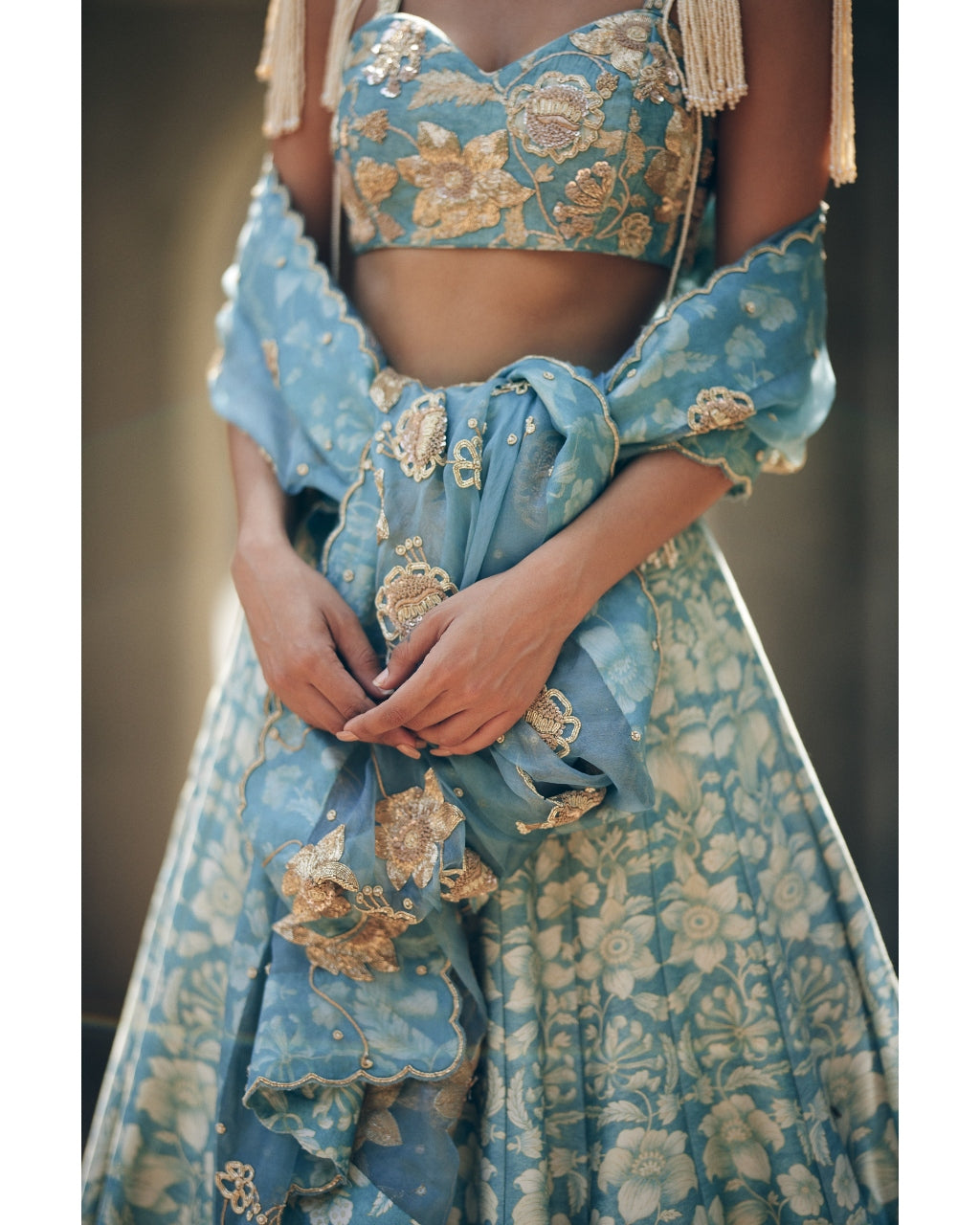 Ice Blue Vintage Floral Printed Lehenga Set