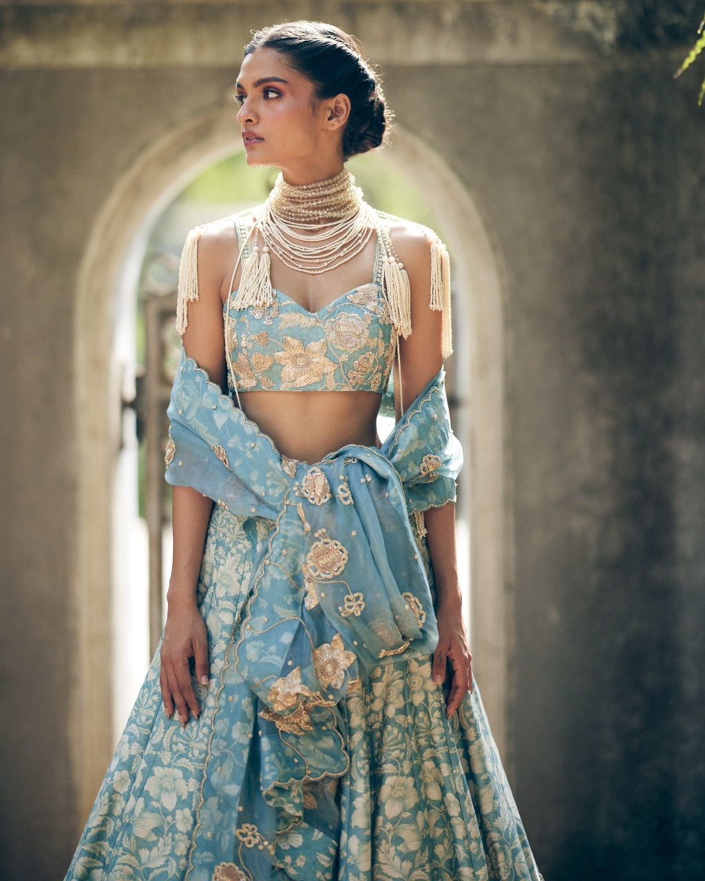 Ice Blue Vintage Floral Printed Lehenga Set