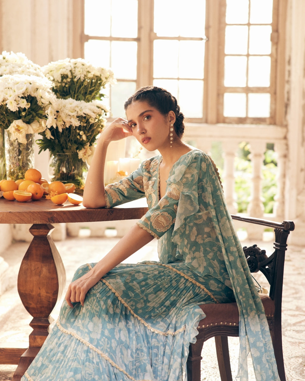 Ice Blue Vintage Floral Chiffon Sari Set