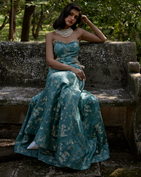 Ice blue Self woven Jacquard Jumpsuit | Paulmi & Harsh – KYNAH