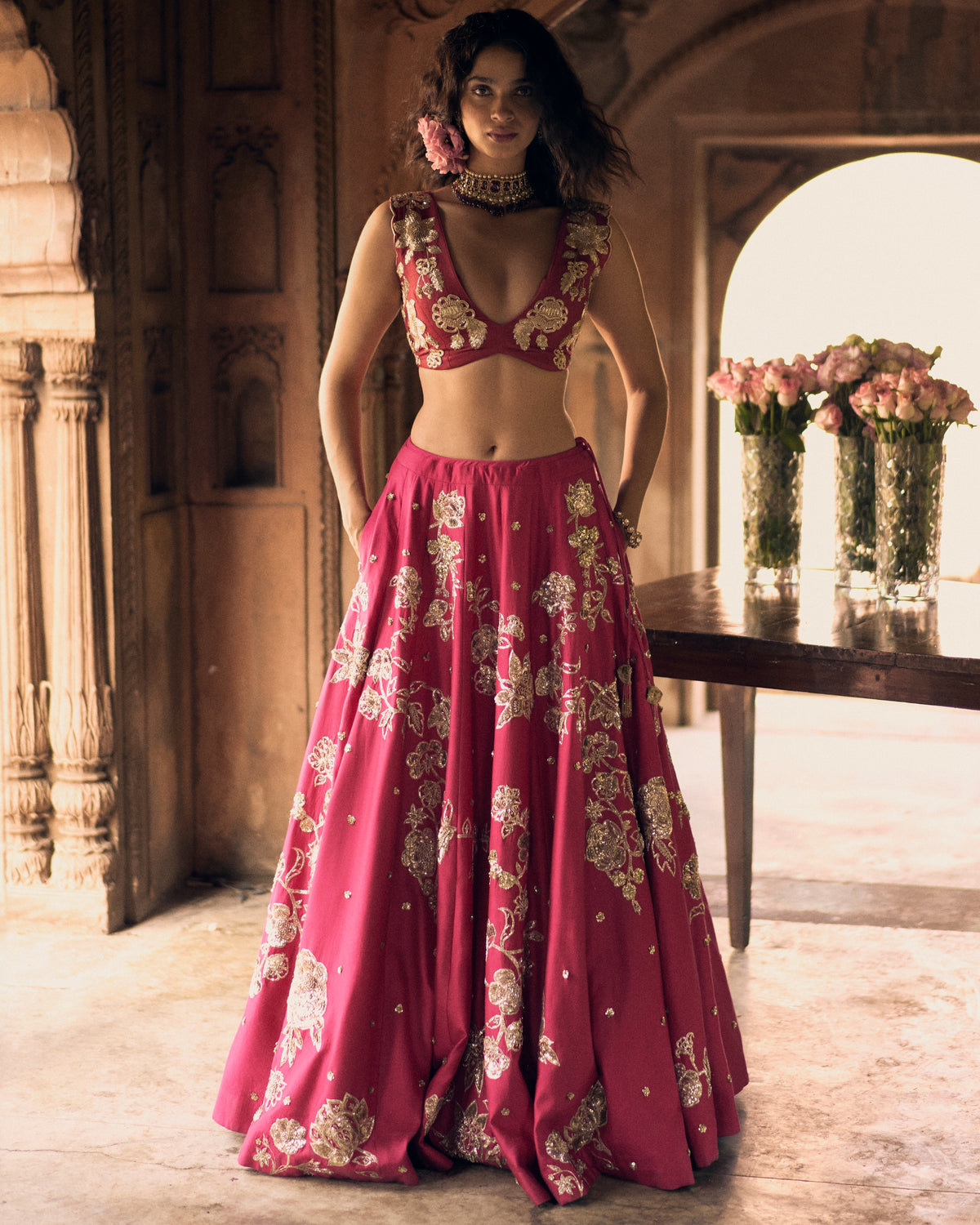 Rani Pink Motif Placement Lehenga Set