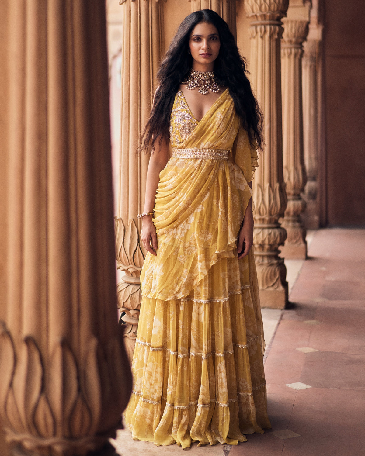 Yellow Vintage Romantic Floral Printed Pre-Draped Sari Set