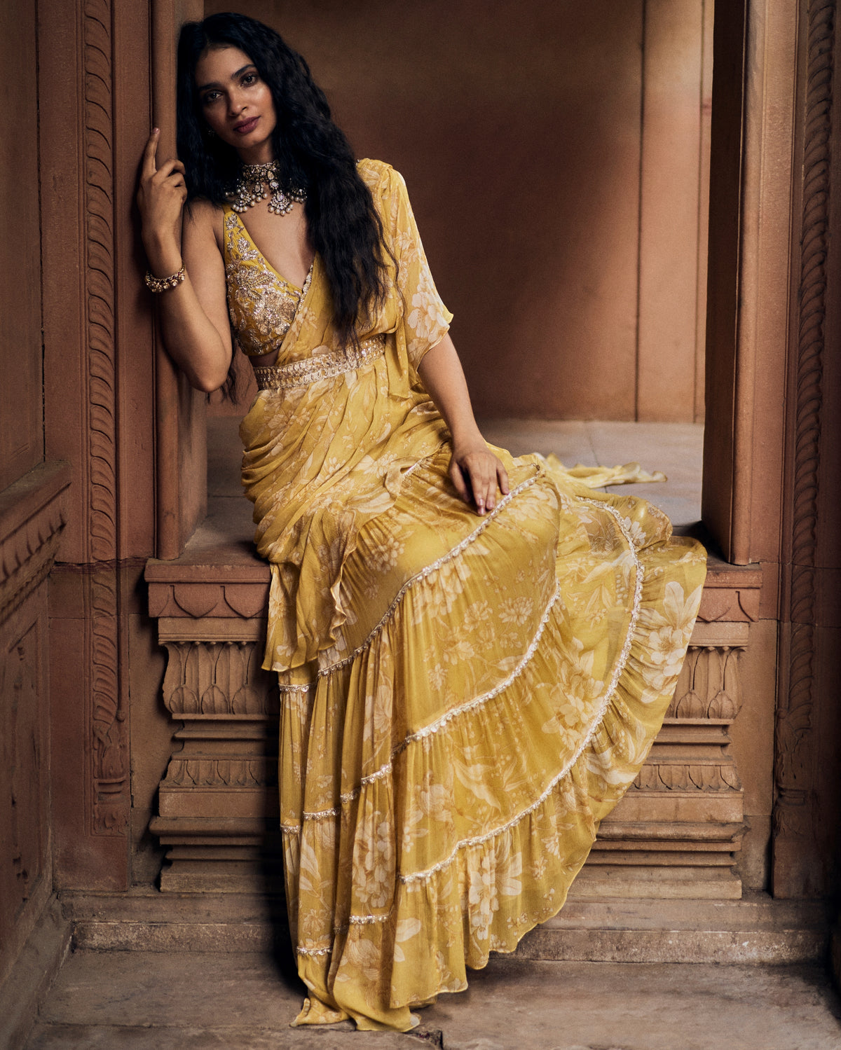 Yellow Vintage Romantic Floral Printed Pre-Draped Sari Set