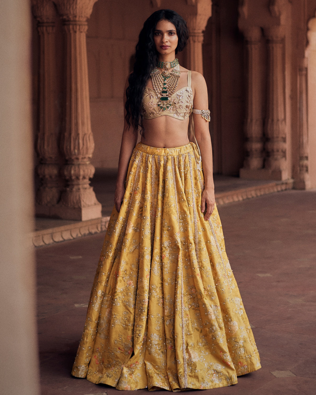 Tuscany Yellow Self Woven Jacquard Lehenga Set