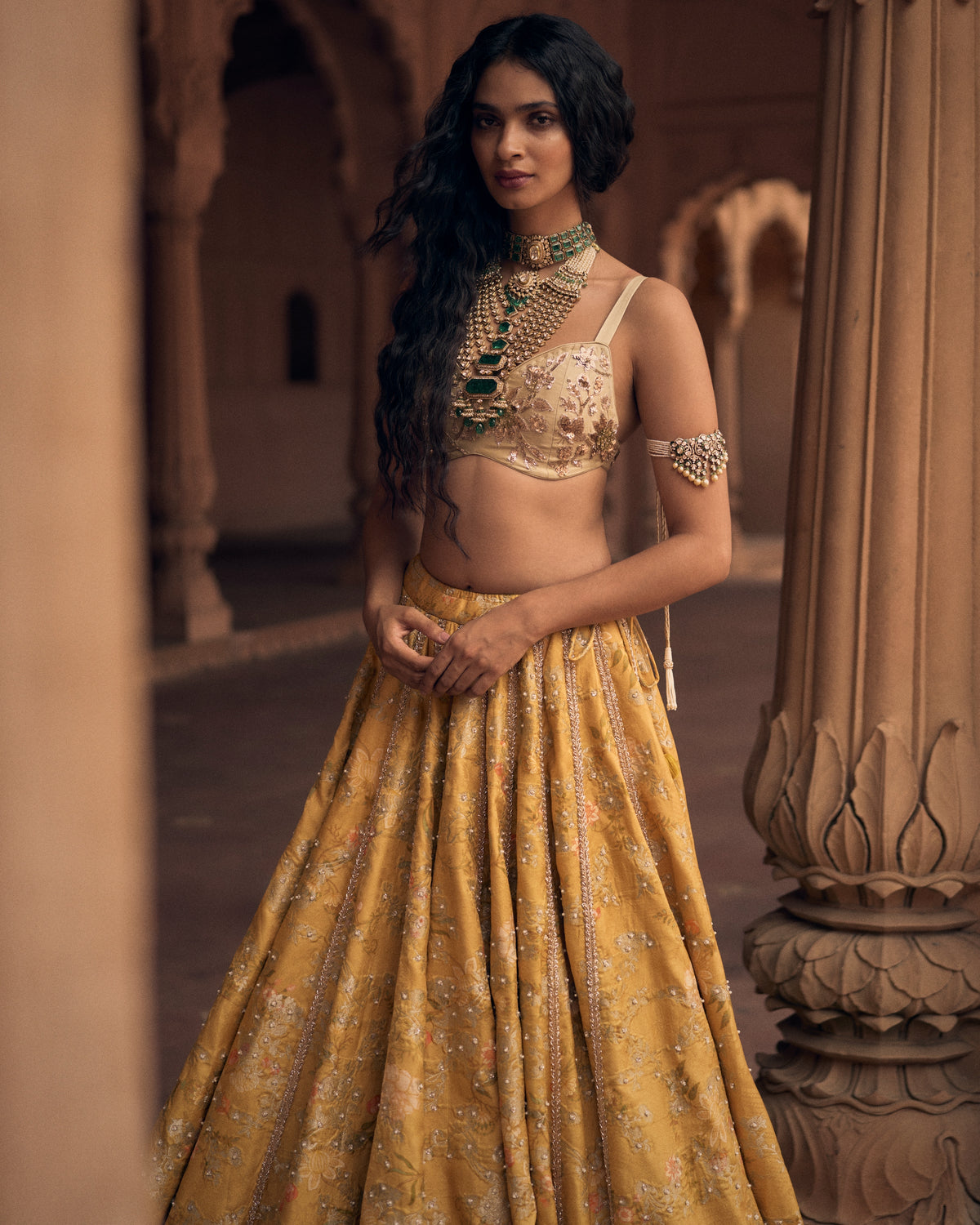 Tuscany Yellow Self Woven Jacquard Lehenga Set