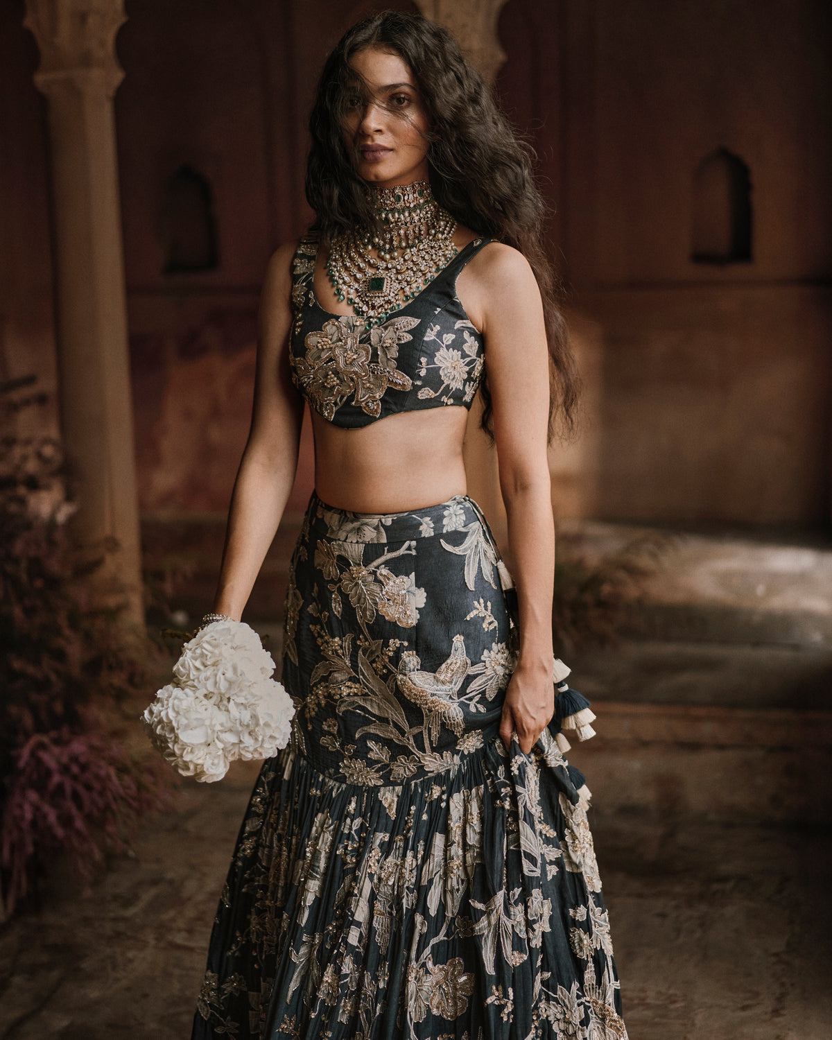 Romantic Mermaid Fit Roop Flip Bird Print Lehenga Set