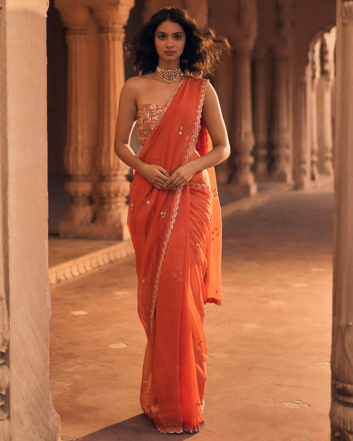 Orange Pre-Draped Embroidered Sari Set