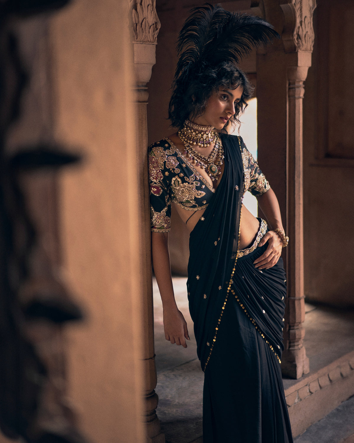 Romantic Black Pre- Draped Cocktail Sari Set