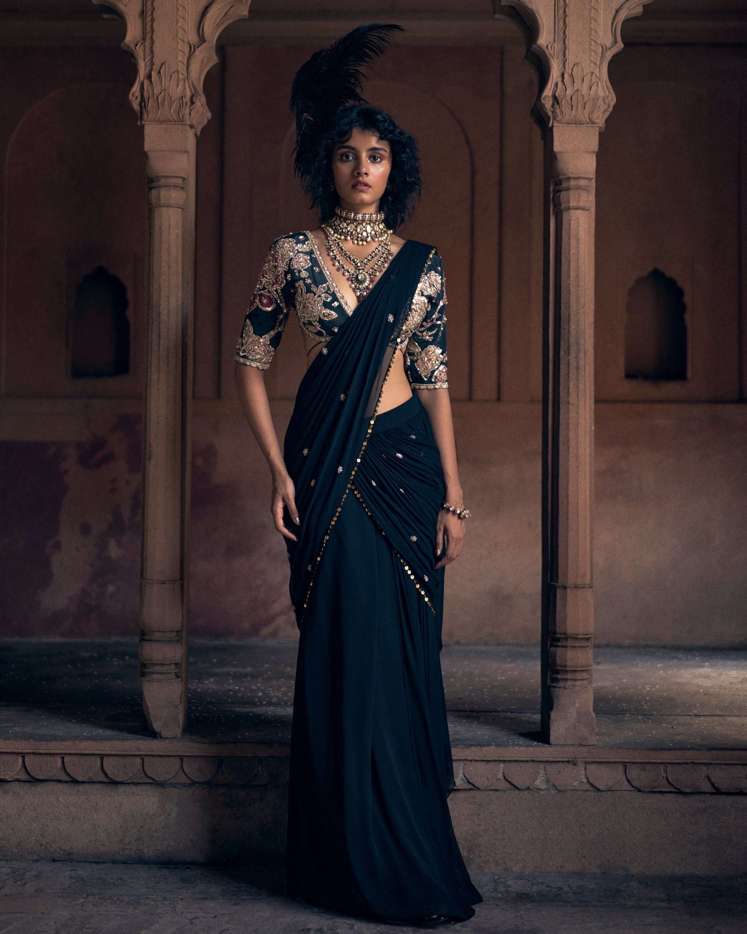 Romantic Black Pre- Draped Cocktail Sari Set | Paulmi & Harsh XL / 44 Romantic Black Pre- Draped Cocktail Sari Set | Paulmi & Harsh XL / 44