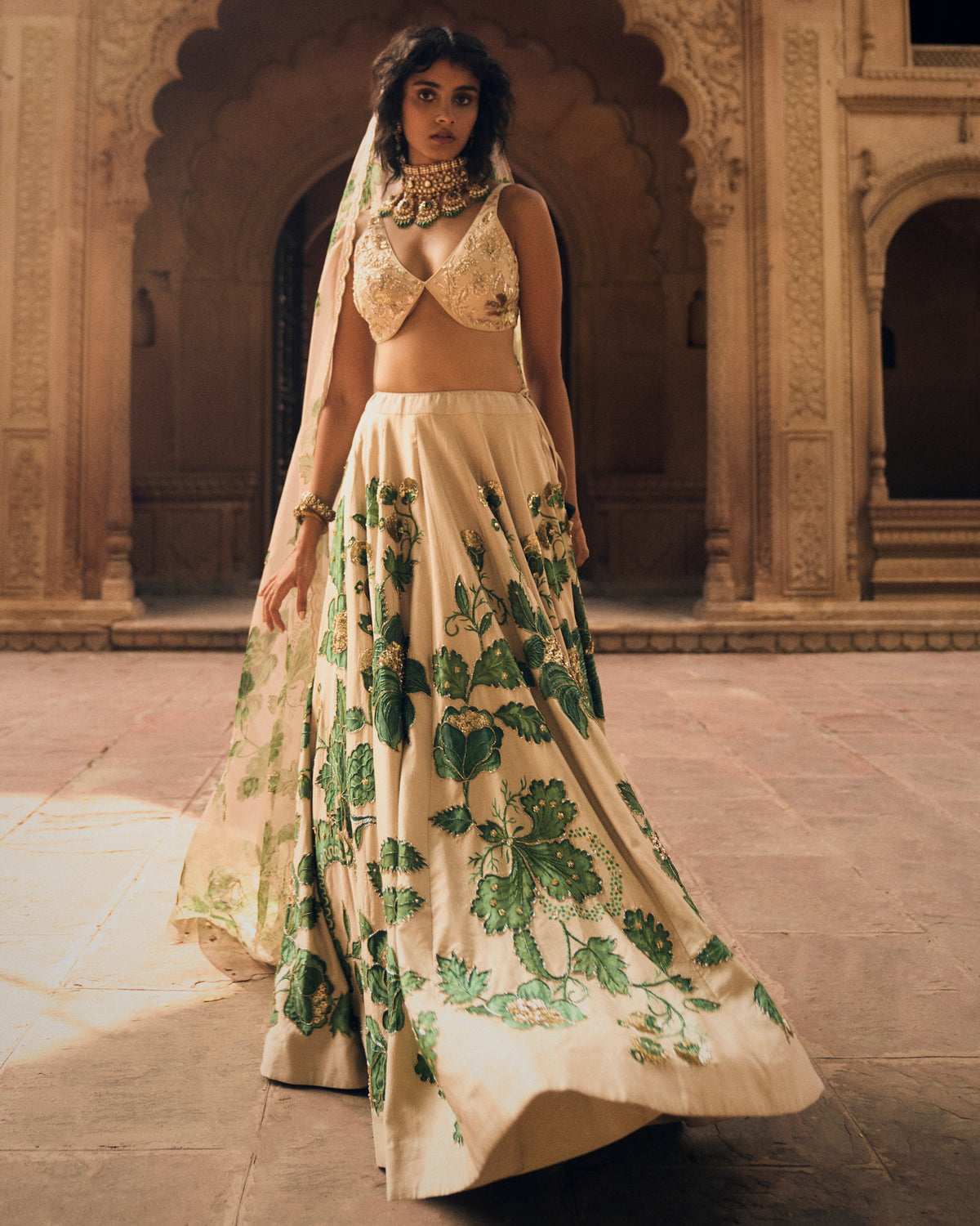 Green Floral Print Lehenga Set