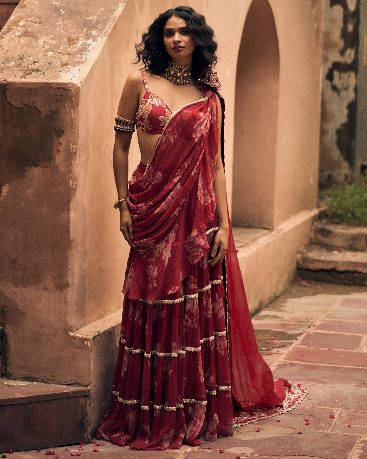 Vintage Floral Printed Chiffon Pre-Draped Sari Set