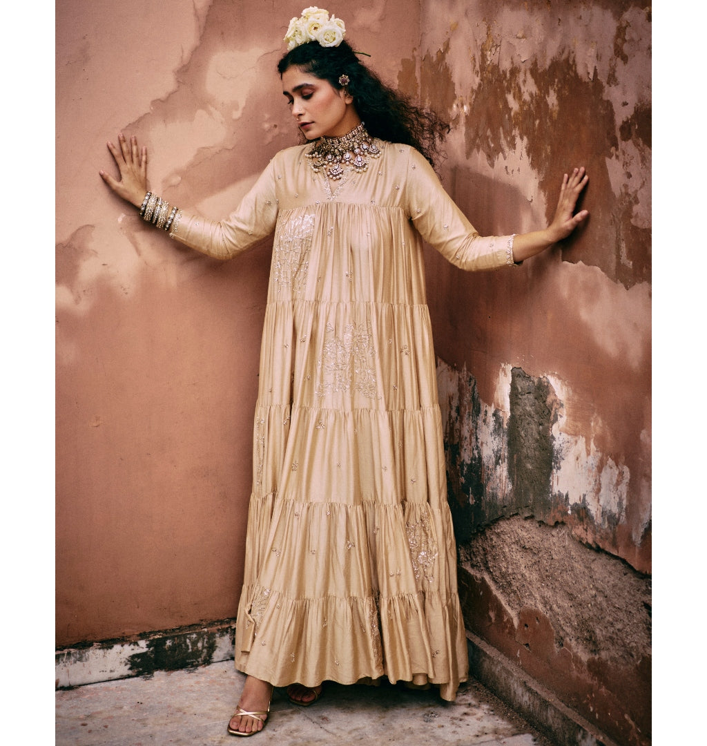 Beige Modal Embroidered Tiered Anarkali Set