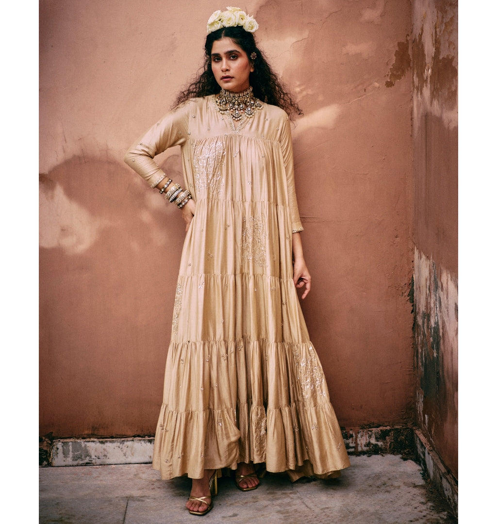 Beige Modal Embroidered Tiered Anarkali Set