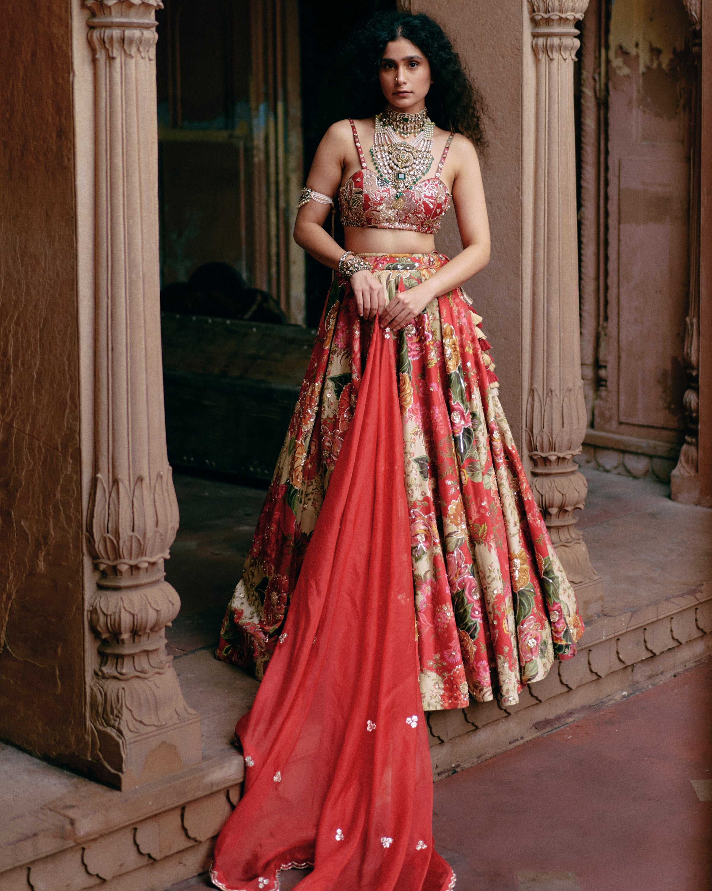 Red Map Printed Lehenga Set