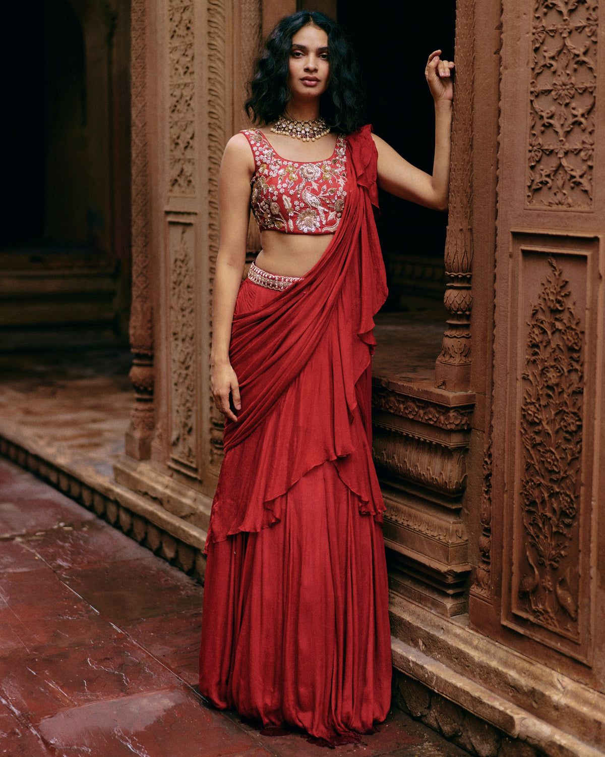 Crimson Red Ruffle Sari Set