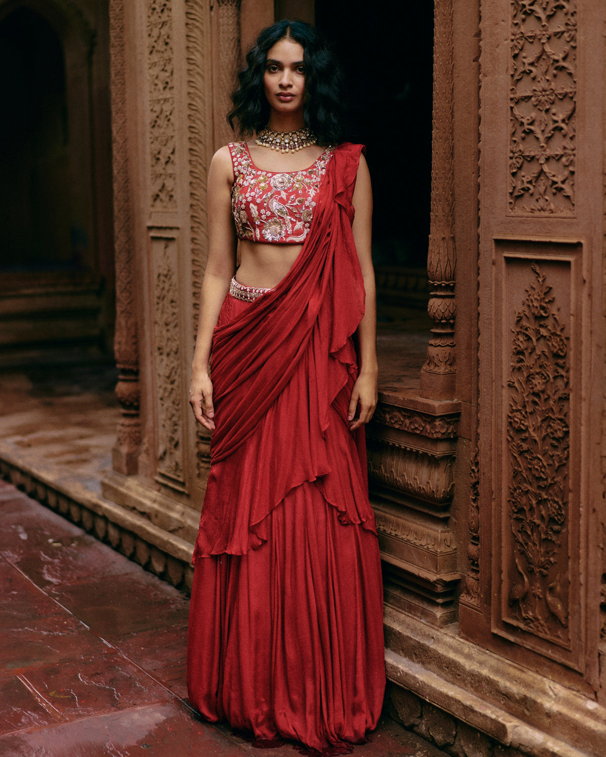 Crimson Red Ruffle Sari Set