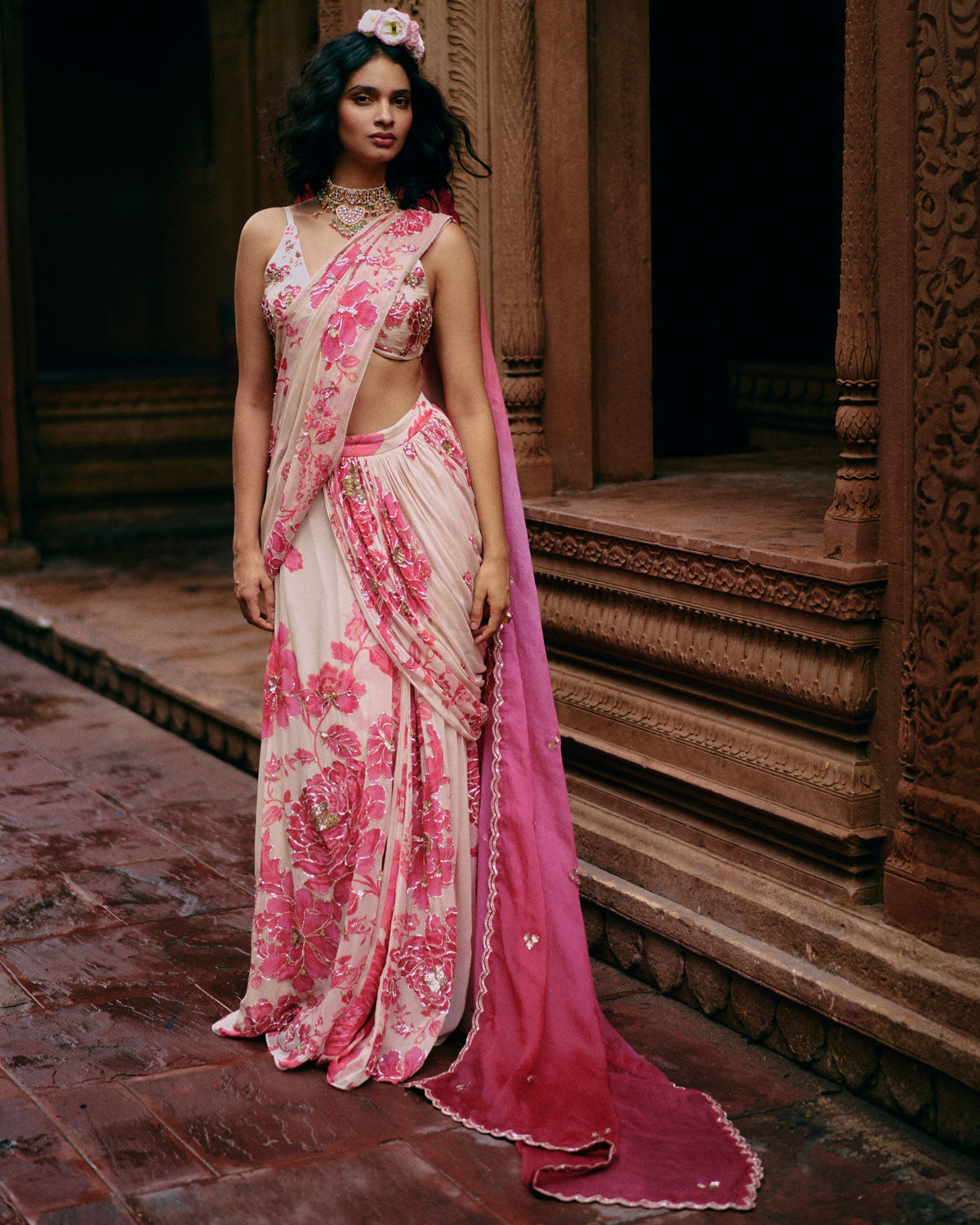 Ivory Abstract Floral Pre-Stitched Sari Set