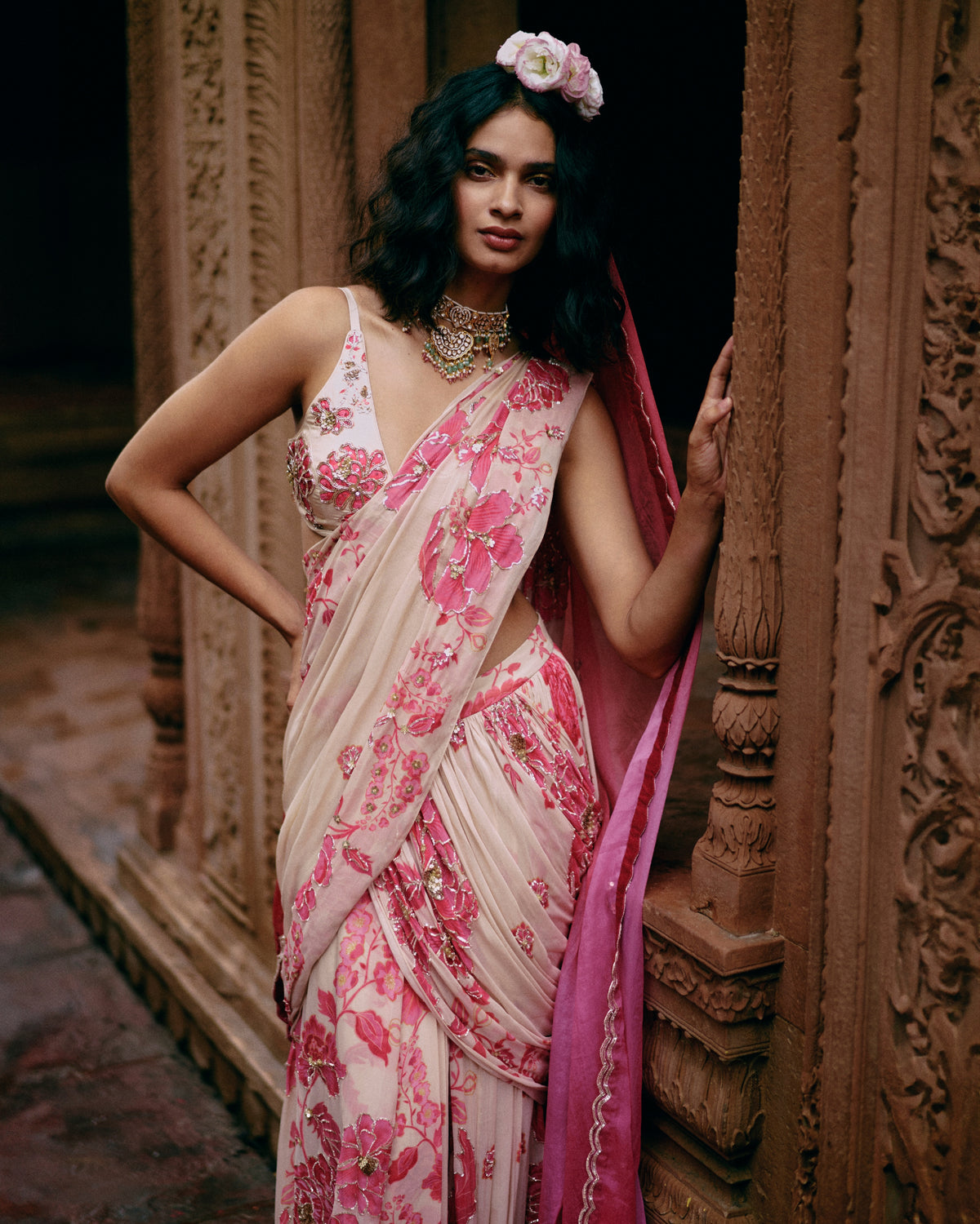 Ivory Abstract Floral Pre-Stitched Sari Set