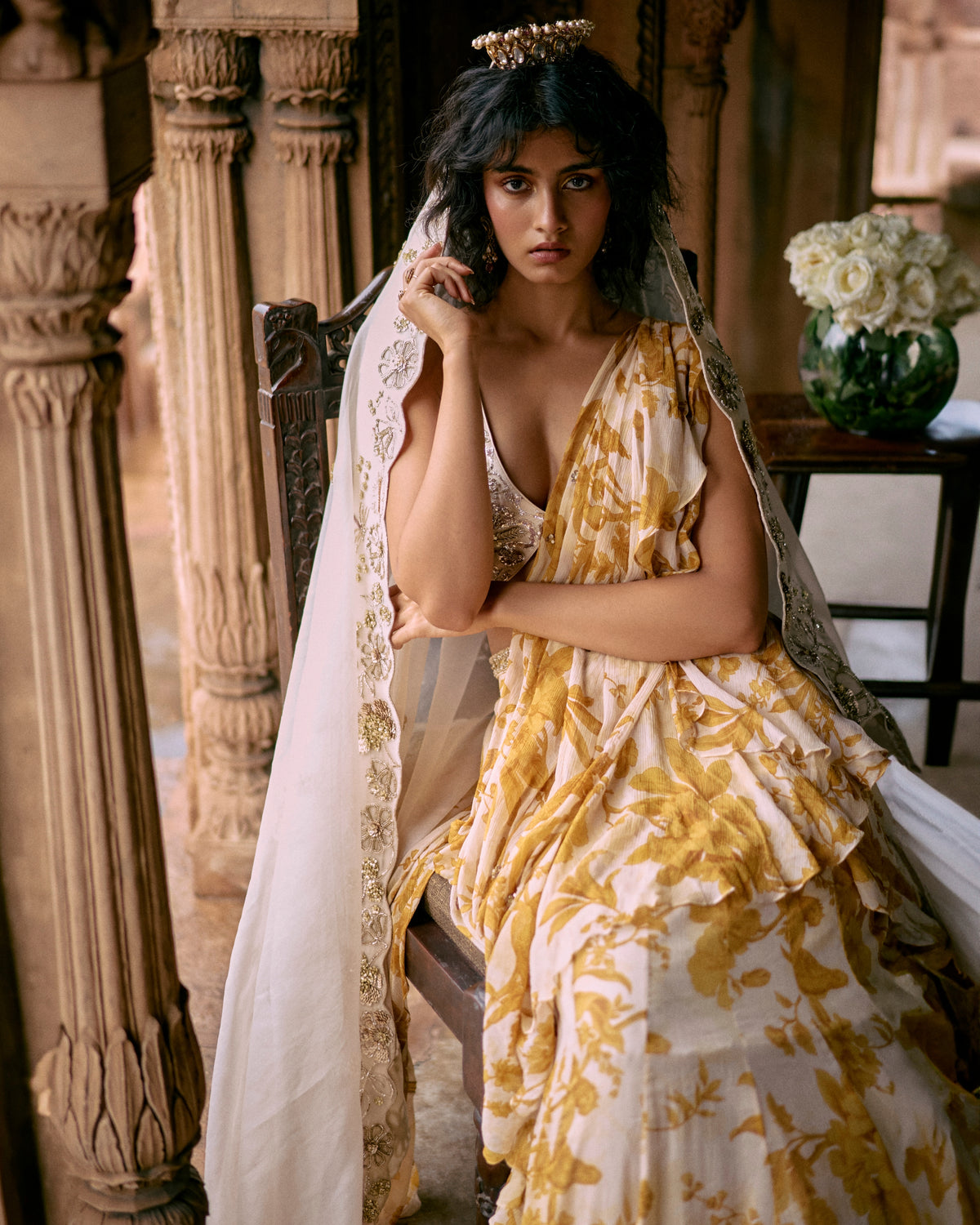 Tuscany Yellow Printed Floral Pre-Draped Sari Set