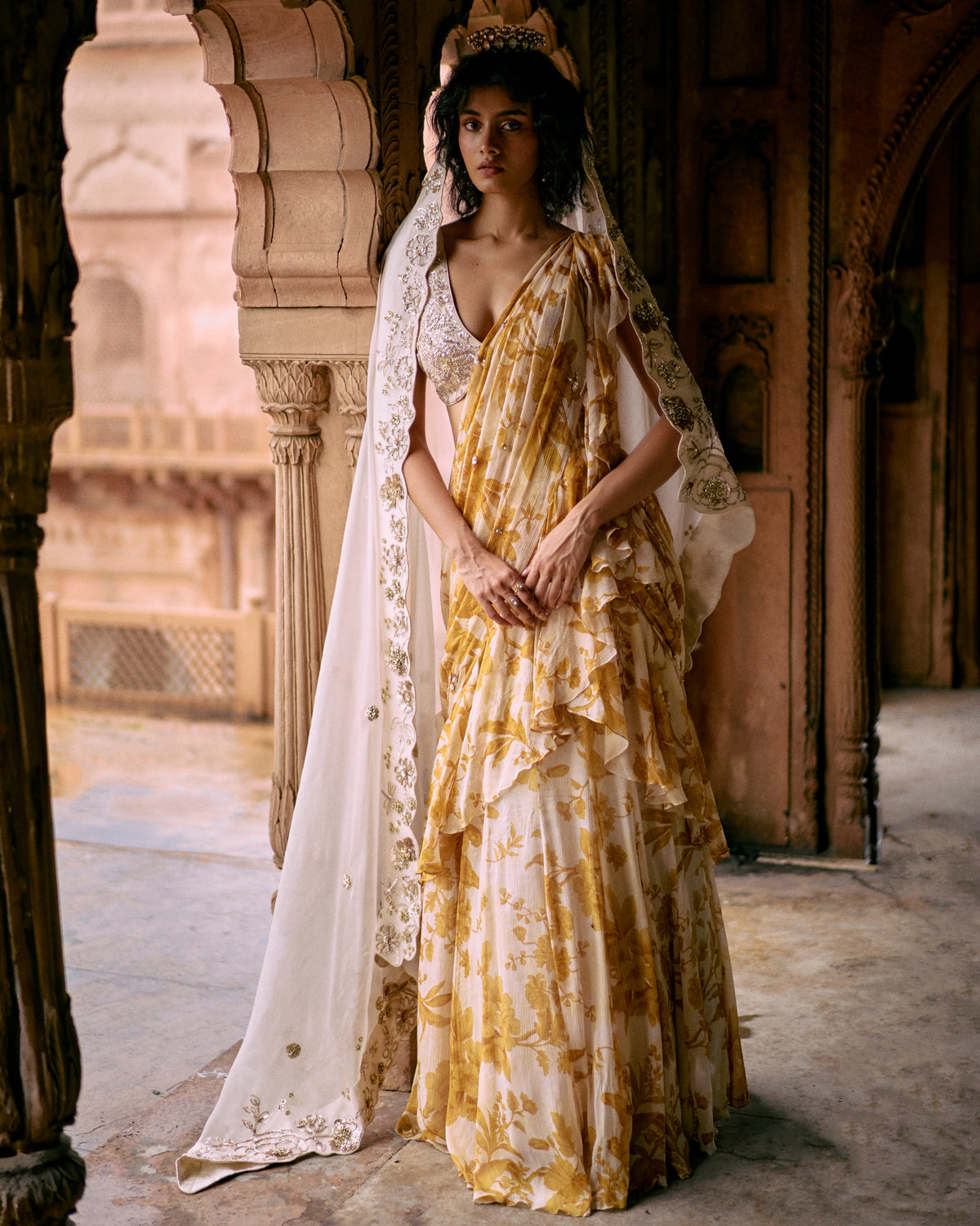 Tuscany Yellow Printed Floral Pre-Draped Sari Set