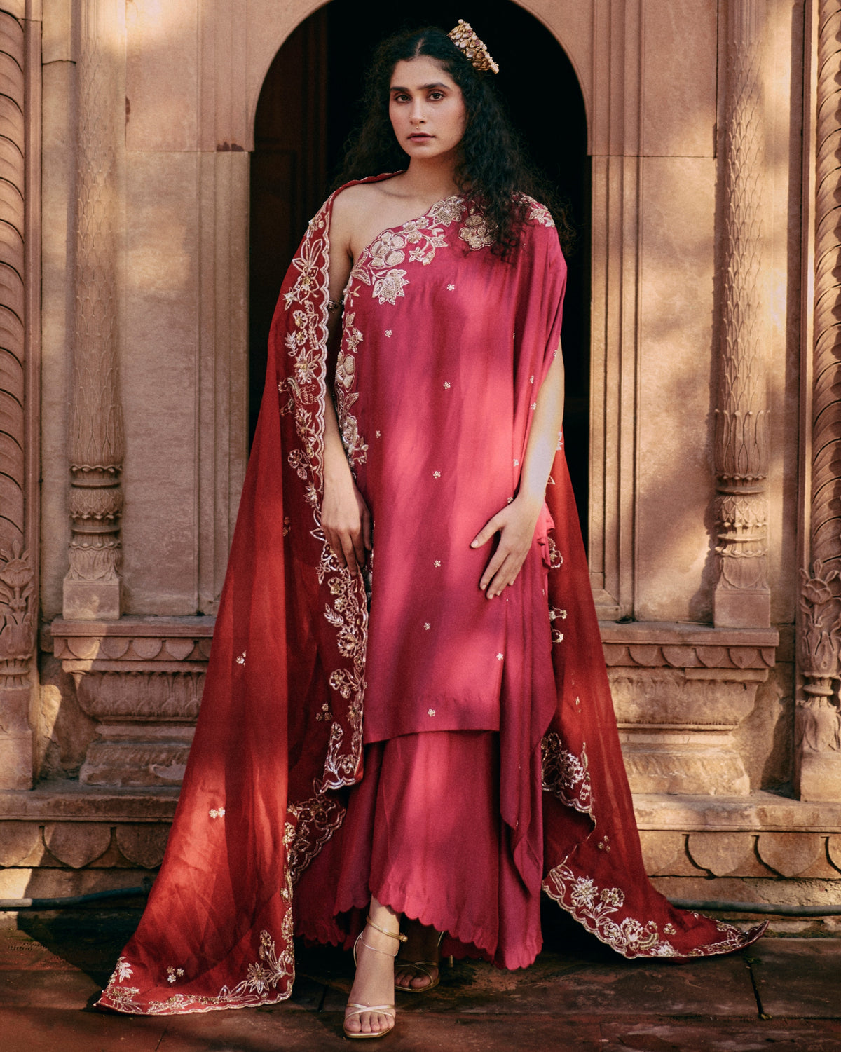 Pink One Shoulder Kurta With Asymmetrical Palazzo set